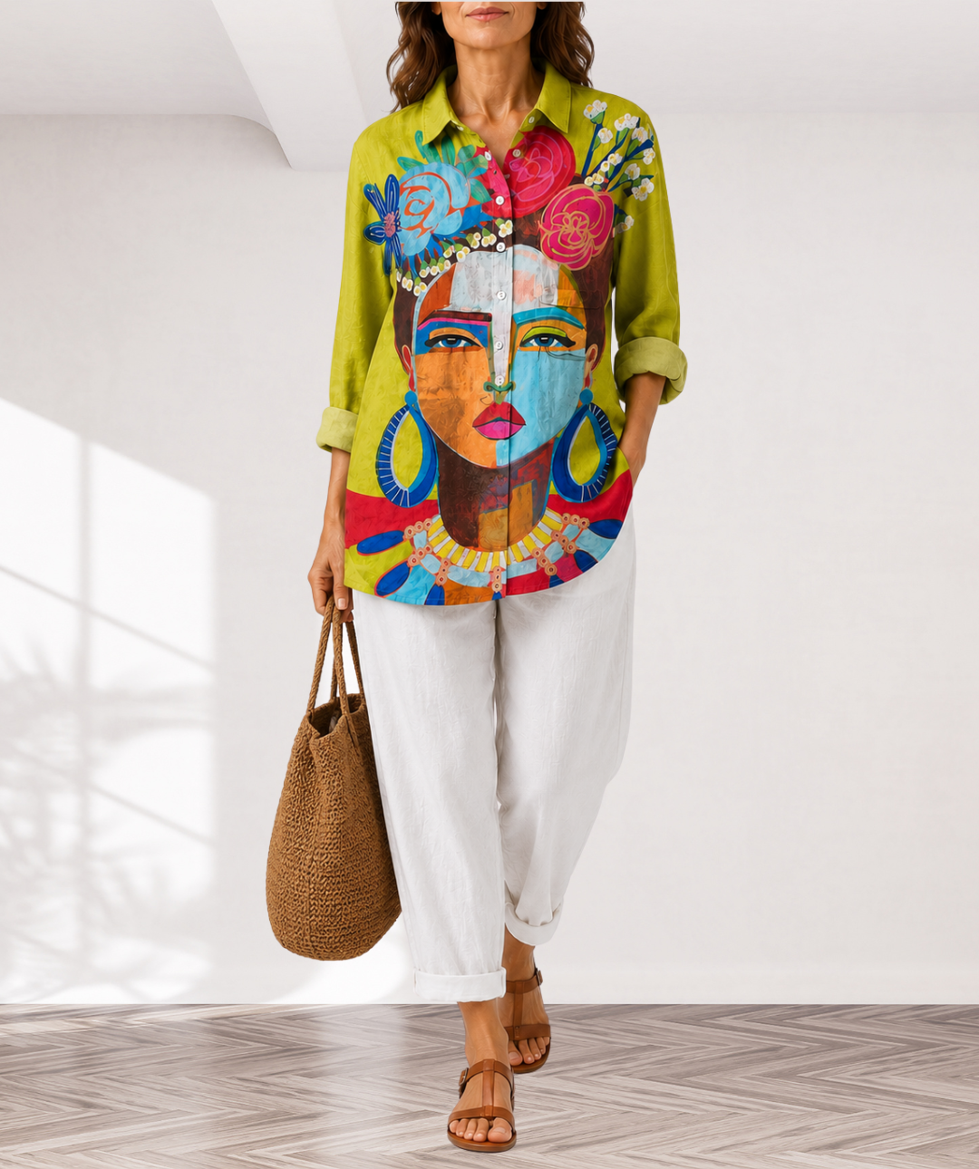Oil Painting Freda Portrait Art Printed Women's Casual Shirt