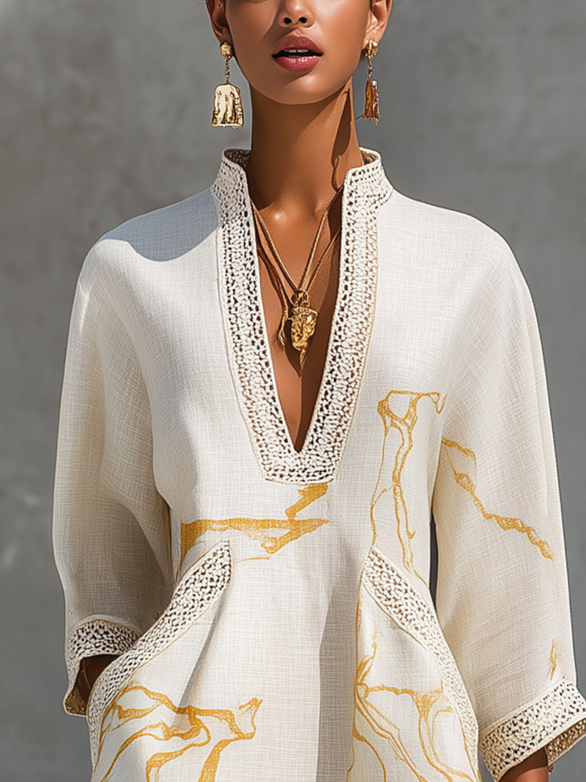 Aliénor | Ivoire Crochet Lace Mini Dress with Gold Accents and V-Neckline