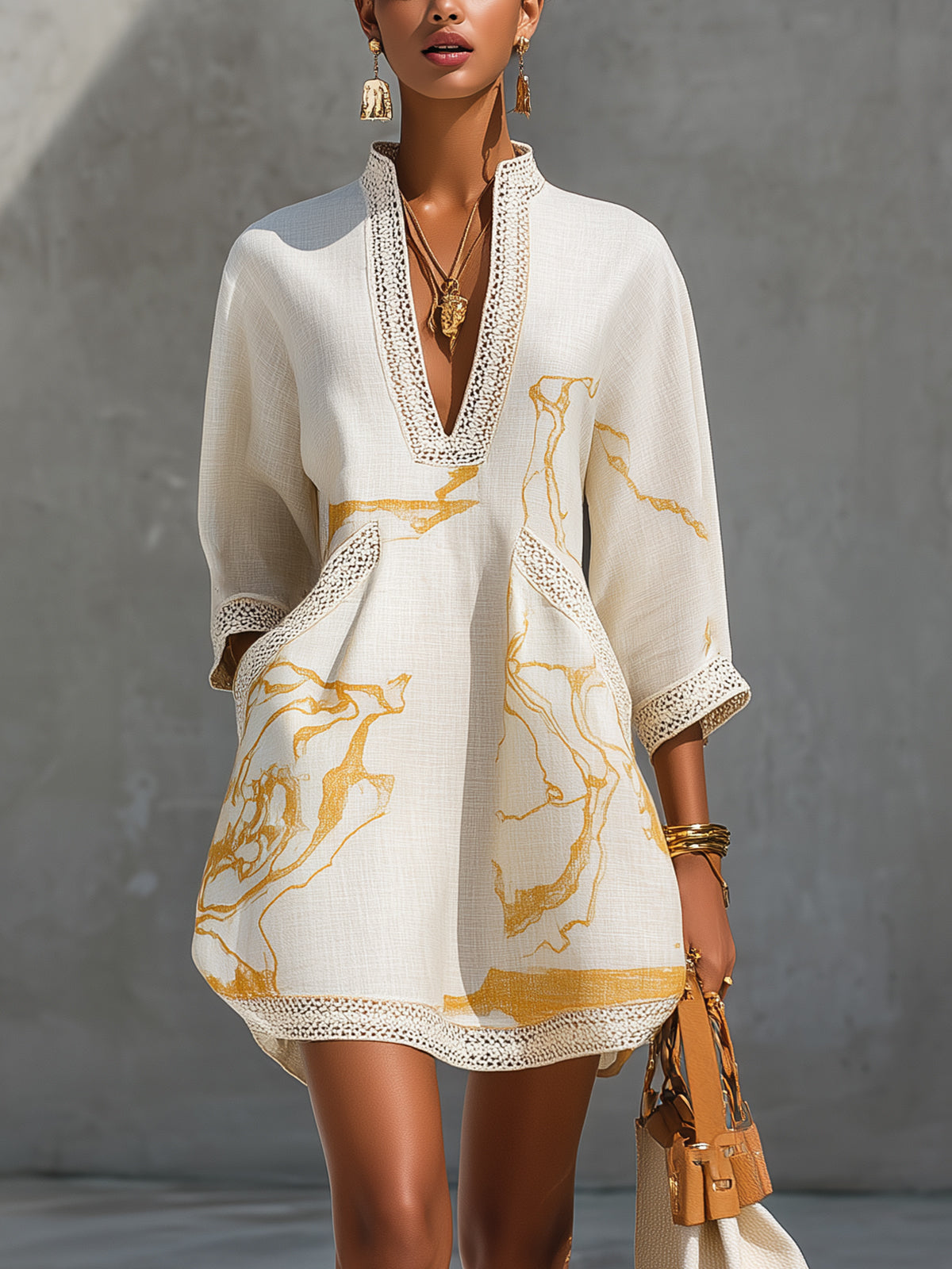 Aliénor | Ivoire Crochet Lace Mini Dress with Gold Accents and V-Neckline