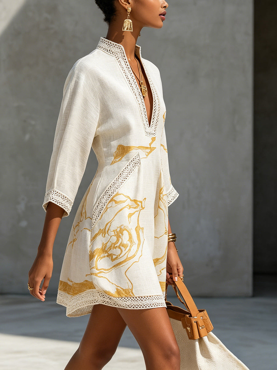 Aliénor | Ivoire Crochet Lace Mini Dress with Gold Accents and V-Neckline