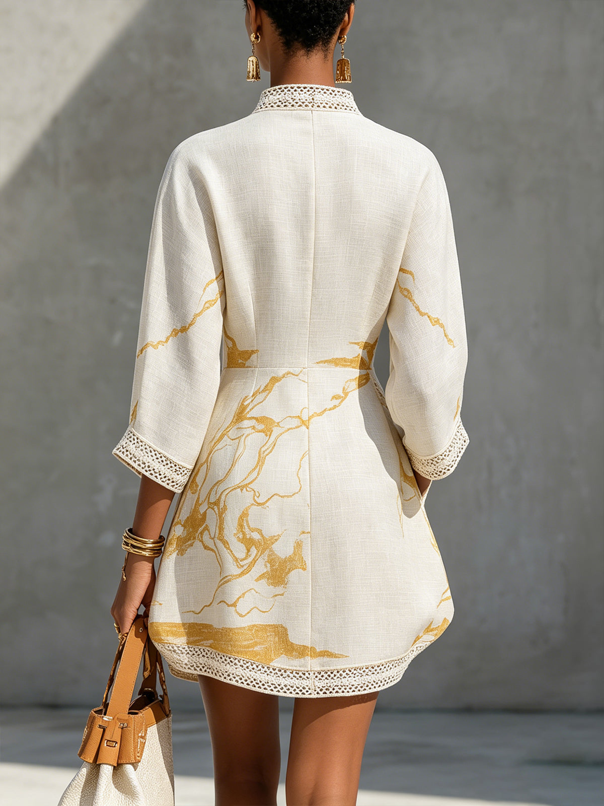 Aliénor | Ivoire Crochet Lace Mini Dress with Gold Accents and V-Neckline